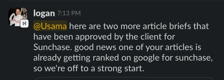 Client message about content marketing results